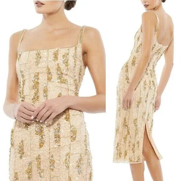NWT Mac Duggal 10770 Beaded Square‎ Neck Midi Dress Sz 4 Nude Gold - Picture 1 of 9